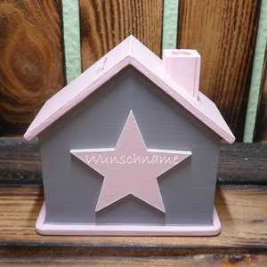 Spardose Haus Stern grau und rosa mit Namen für Kinder 10x10x5cm
