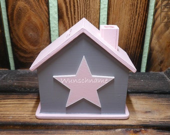 Spardose Haus Stern grau und rosa mit Namen für Kinder 10x10x5cm