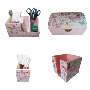 Set of pencil boxes, note box, small chest butterflies made of wood as an organizational aid for the desk