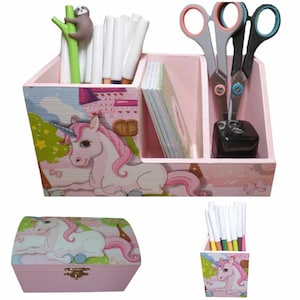 Set of pencil boxes, small wooden unicorn chest as an organization aid for the desk
