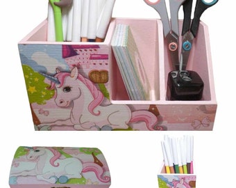 Ensemble de boîtes à crayons, petit coffre licorne en bois comme aide à l'organisation du bureau