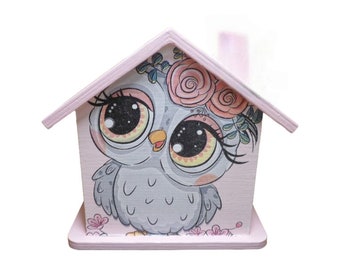 Money box house owl personalized 15 x 8 x 14.5 cm made of wood