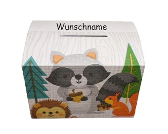 Money box raccoon made of wood with name 10x8x7cm