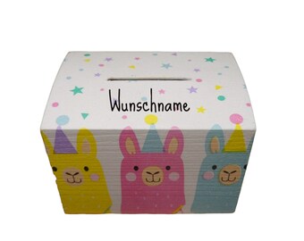 Money box with alpaca made of wood with names for children 10x8x7cm