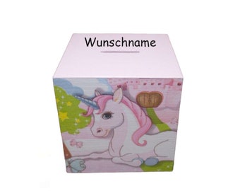 Tirelire cube licorne personnalisée pour enfant 10 x 10 x 10 cm