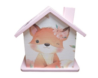 Spardose Haus mit Fuchs personalisiert 15 x 8 x 14,5 cm