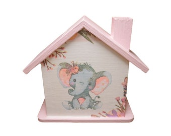 Money box house personalized with elephant pink 15 x 8 x 14.5 cm