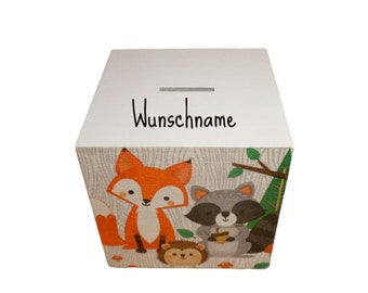 Money box raccoon, fox, hedgehog personalized for children 12 x 12 x 12 cm