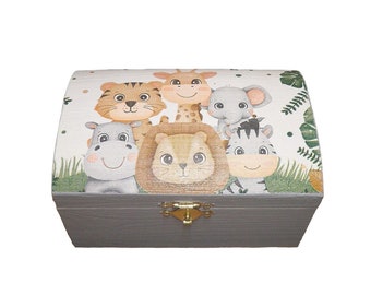 small wooden chest with animals jungle safari