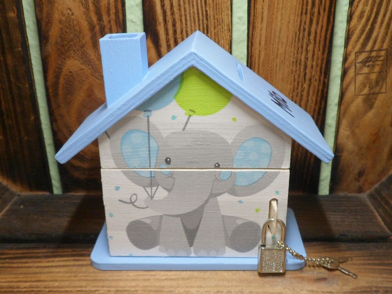 Tirelire maison personnalisée avec éléphant bleu 15 x 8 x 14,5 cm image 3