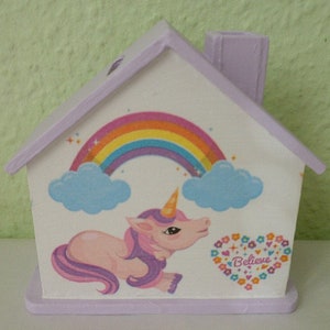 Spardose Haus mit Einhorn für Kinder mit Namen 10x10x5cm Bild 1