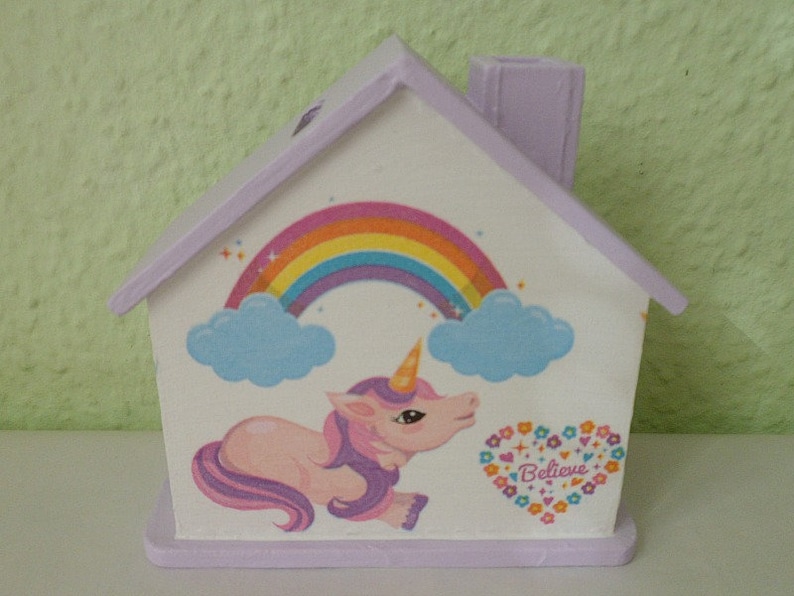 Spardose Haus mit Einhorn für Kinder mit Namen 10x10x5cm Bild 1