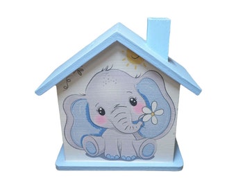 Spardose Haus Elefant blau personalisiert 15 x 8 x 14,5 cm