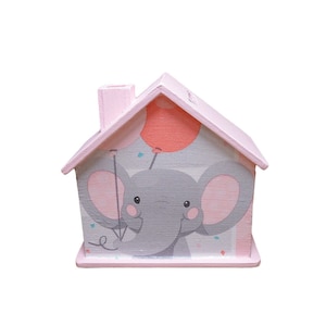 Hucha casa elefante rosa con nombre 10x10x5cm