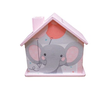 Spardose Haus Elefant rosa mit Namen 10x10x5cm