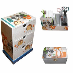 Set of pencil boxes, mini chest of drawers, small chest fox raccoon made of wood as an organization aid for the desk