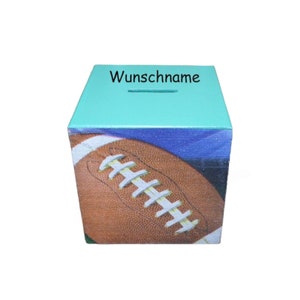 Money box cube football personalized made of wood 10 x 10 x 10 cm