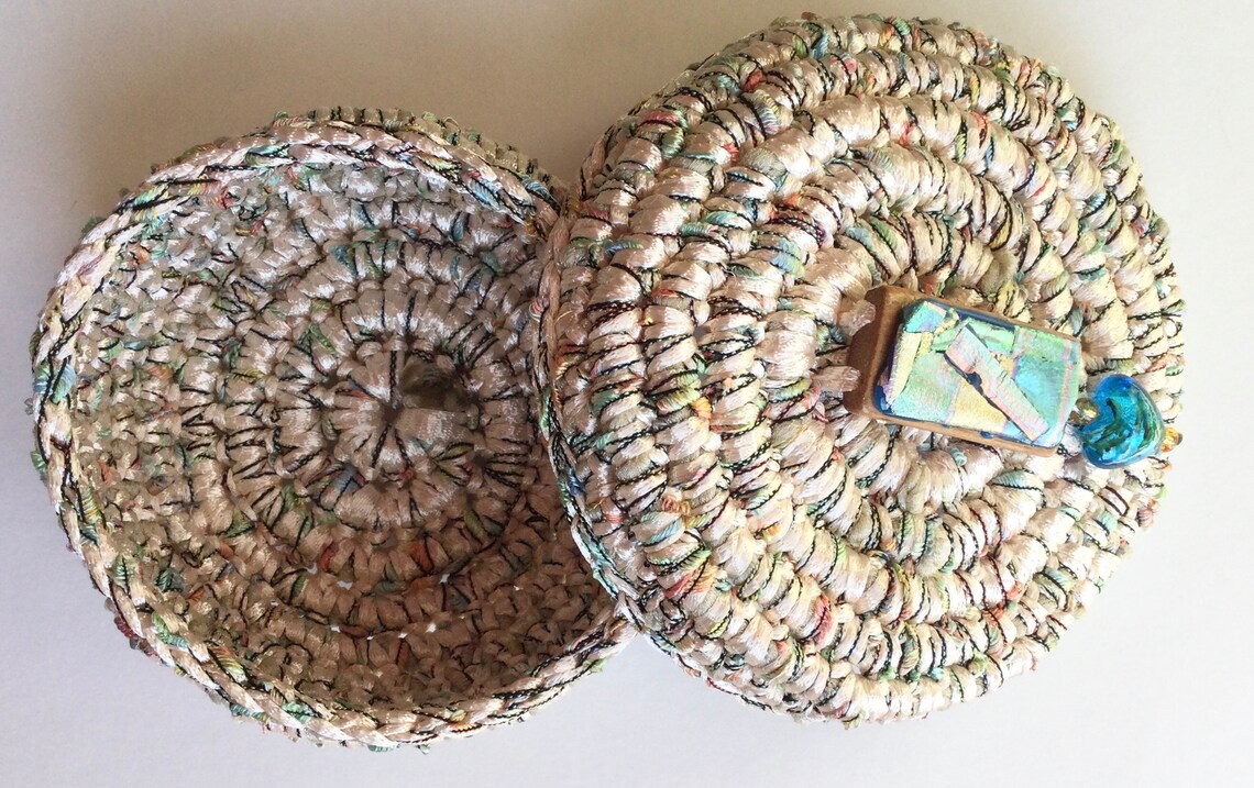 Coiled Cord trinket / Ring basket / box with decorated lid . Etsy