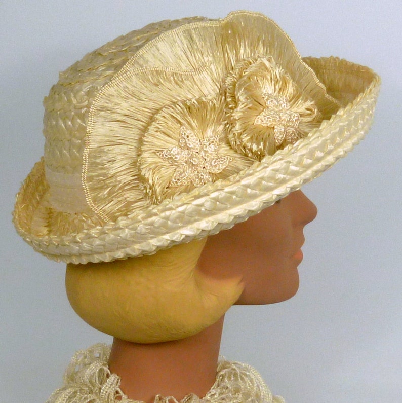 Derby Ivory Straw Bowler Style Hat Vintage Hand Made Straw Flower Accents Luncheon Wedding Dotted Swiss Band Church