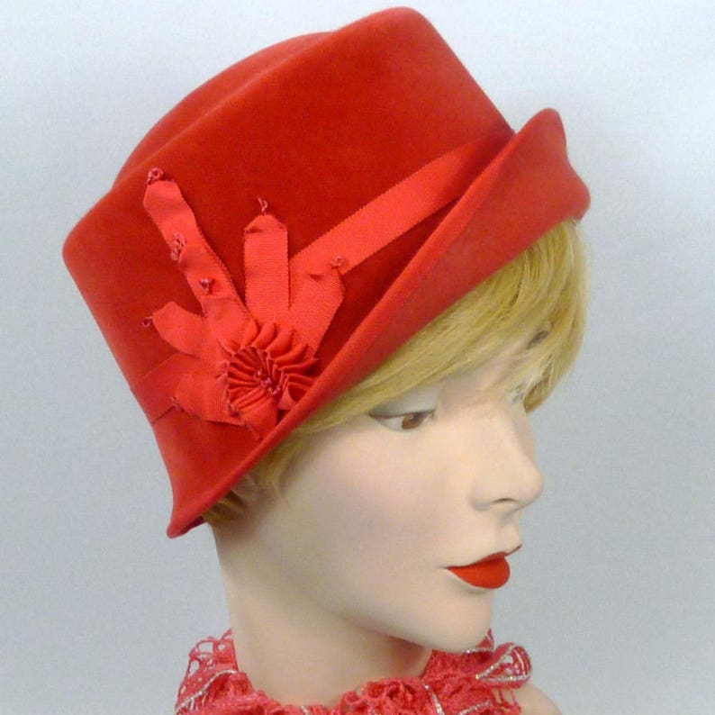 Mother of the Bride Church Coral Felt Cloche Hat Ribbon Work Hand Blocked and Hand Sewn Vintage French hood luncheon Wedding