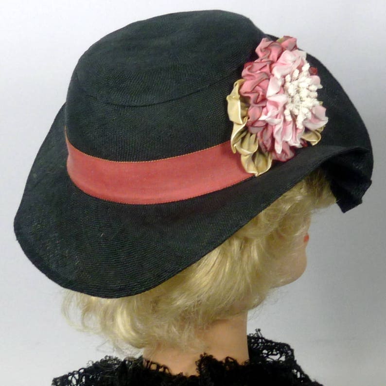 Black and Pink Straw Hat Church Vintage Swiss Straw Hood Kentucky Derby Hand made Ribbon Flowers Luncheon Summer