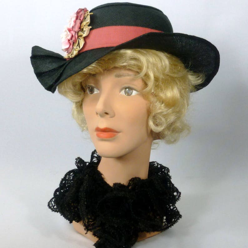 Black and Pink Straw Hat Church Vintage Swiss Straw Hood Kentucky Derby Hand made Ribbon Flowers Luncheon Summer