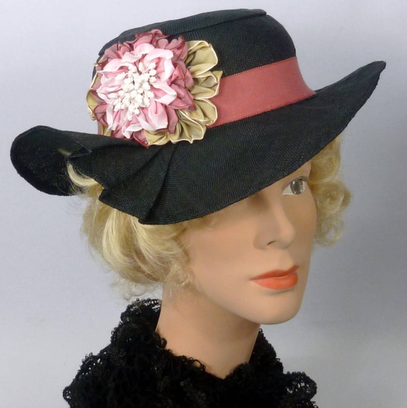 Black and Pink Straw Hat Church Vintage Swiss Straw Hood Kentucky Derby Hand made Ribbon Flowers Luncheon Summer