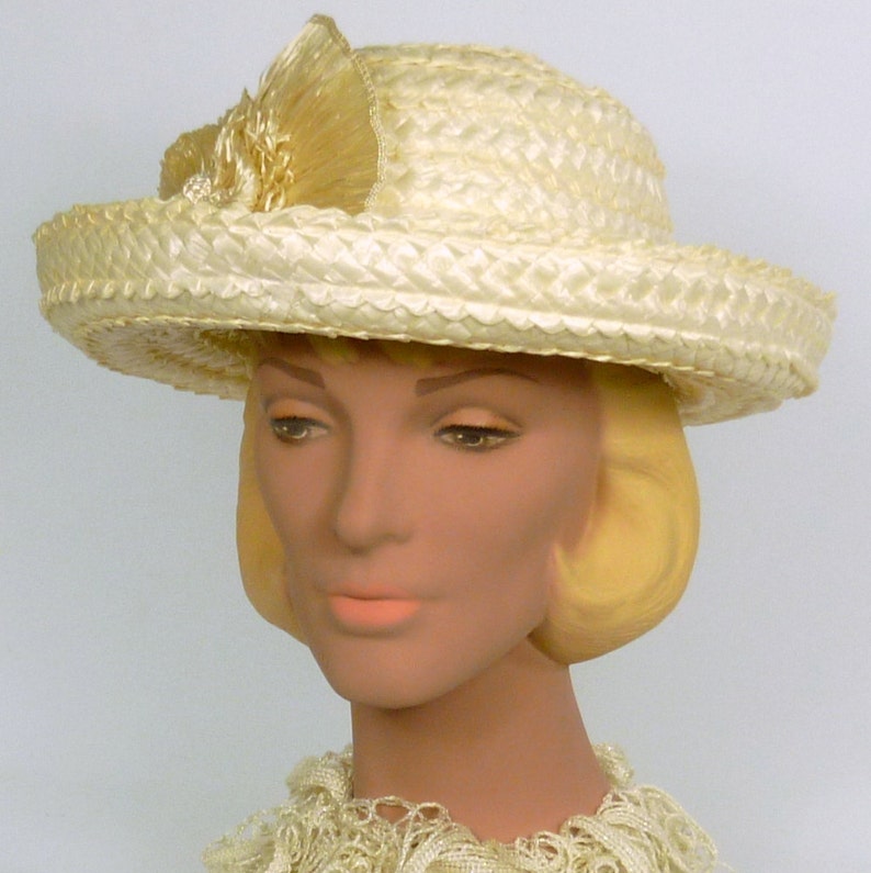 Derby Ivory Straw Bowler Style Hat Vintage Hand Made Straw Flower Accents Luncheon Wedding Dotted Swiss Band Church