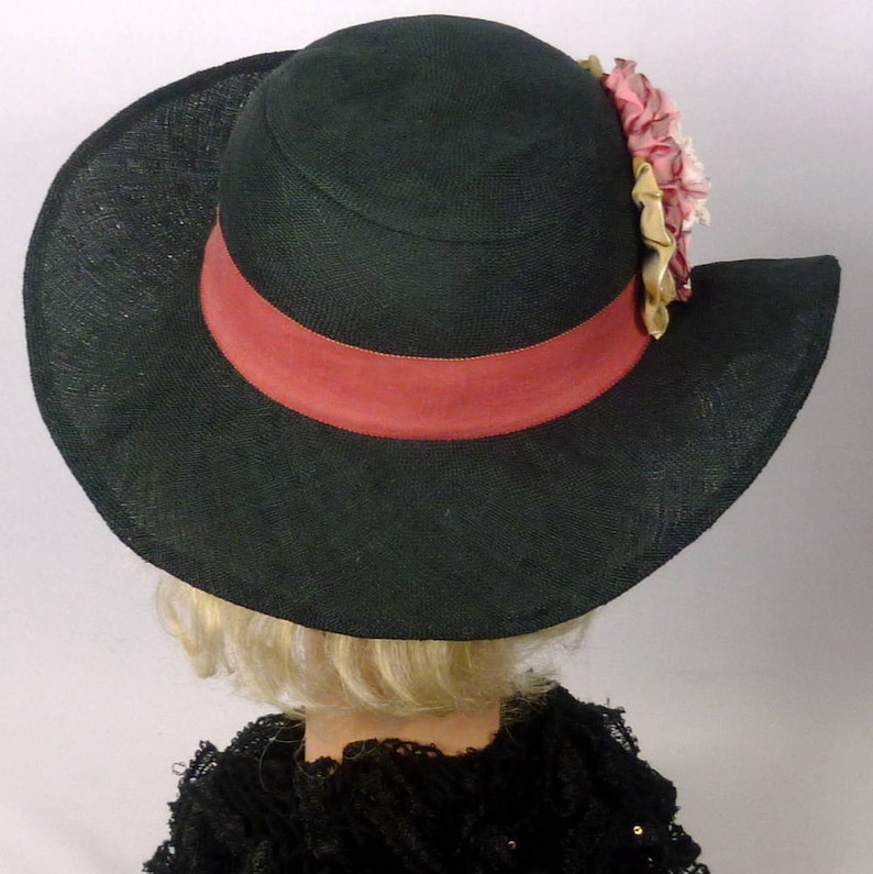 Black and Pink Straw Hat Church Vintage Swiss Straw Hood Kentucky Derby Hand made Ribbon Flowers Luncheon Summer
