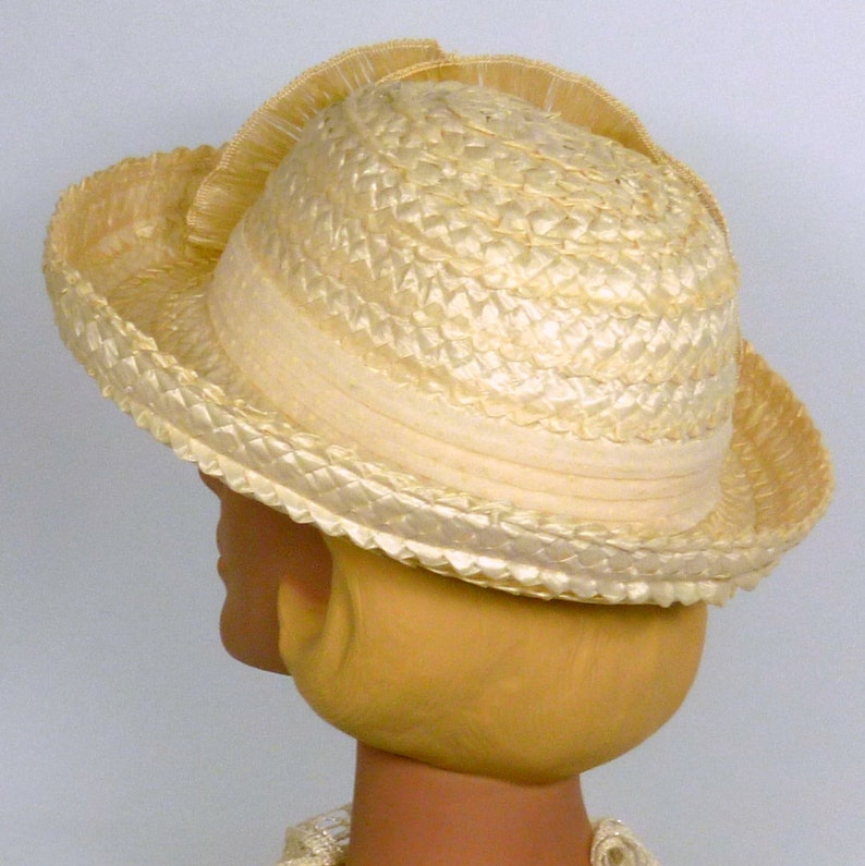 Derby Ivory Straw Bowler Style Hat Vintage Hand Made Straw Flower Accents Luncheon Wedding Dotted Swiss Band Church