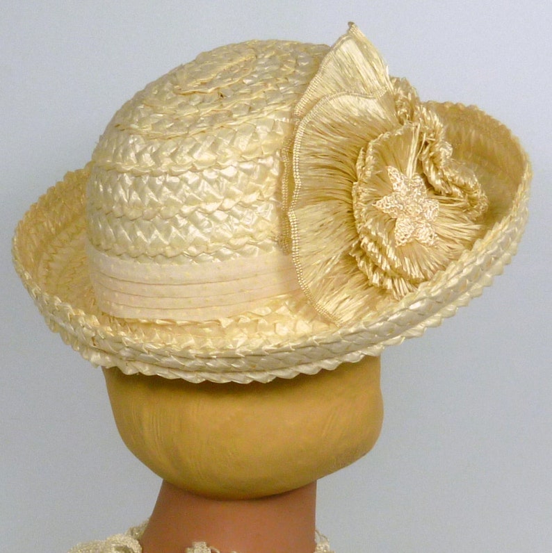 Derby Ivory Straw Bowler Style Hat Vintage Hand Made Straw Flower Accents Luncheon Wedding Dotted Swiss Band Church