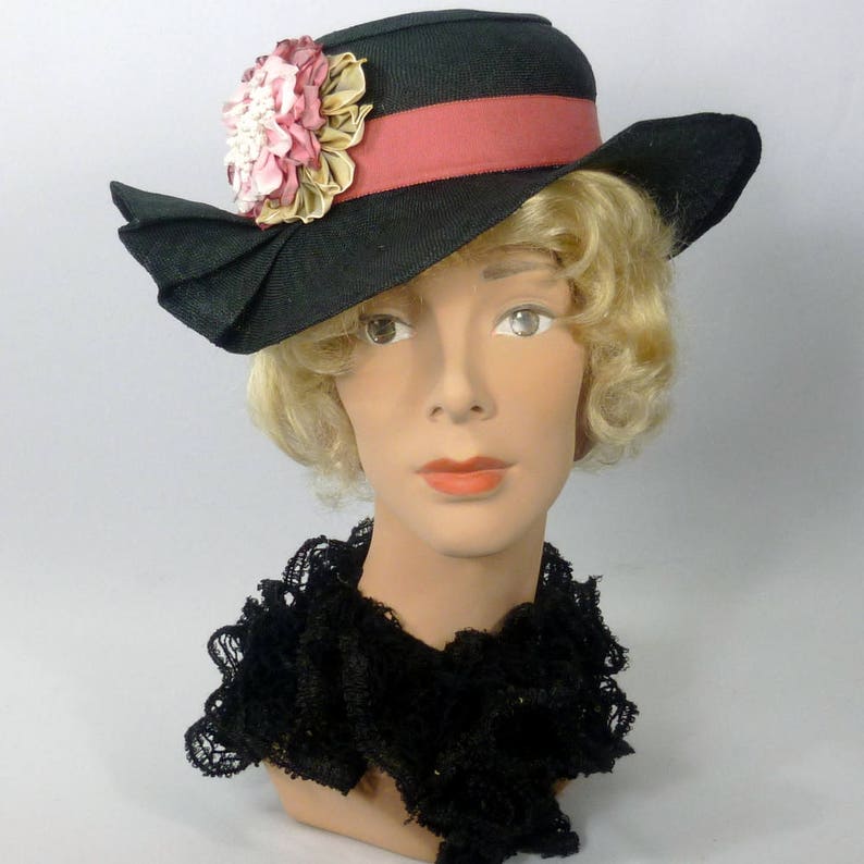 Black and Pink Straw Hat Church Vintage Swiss Straw Hood Kentucky Derby Hand made Ribbon Flowers Luncheon Summer