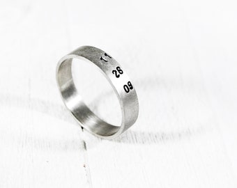 DATE RING BAND - 5mm 925 Sterling Silver Band Ring - Promise Ring for him - Mens Personalized Ring - Hand Stamped Ring- Custom engraved ring