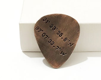 Custom Coordinates Gift, Mens Personalized Gift, Latitude Longitude, Custom Guitar Pick, Copper Guitar Pick, Anniversary Gift, Husband Gift