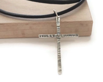 Sterling Silver Cross Necklace, Mens Cross Leather Necklace, Hammered Cross Pendant, Textured Cross Charm, Religious Necklace, Gifts For Men