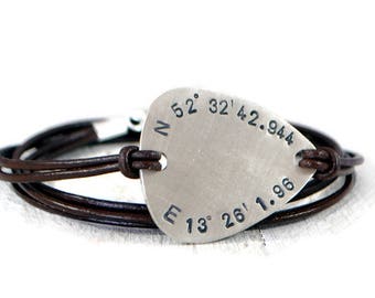 Sterling Silver Guitar Pick Bracelet, Custom Coordinates Bracelet, Mens Personalized Leather Bracelet, Birthday Gifts For Men, Long Distance