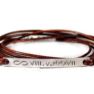 Sterling Silver. Custom Bracelet. Personalized Mens Bracelet. Wrap Bracelet. Bar ID Tag Engraved Bracelet. Leather Bracelet. Gift For Him