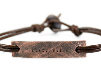 Roman Numerals Date Bracelet. Custom Bracelet. Copper Bracelet. Personalized Mens Bracelet. Leather Bracelet. ID Bracelet. Engraved Bracelet