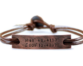 Mens Personalized Leather Bracelet, Custom Coordinates, Copper Leather Band Bracelet, Long Distance Relationship Gift for Him, Gifts For Men