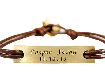 Personalized Mens Bracelet. Custom Bracelet. Leather Bracelet. Brass Bar ID Tag Date Name Bracelet. Engraved Bracelet.Boyfriend Gift For Him