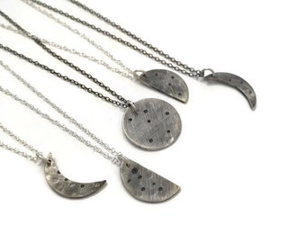 MOON PHASE NECKLACE - 925 Sterling Silver Womens Necklace Pendant - Silver Crescent Moon Necklace - Full Moon Necklace - Oxidized Necklace