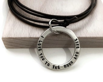 Mens Personalized Circle Necklace, Mens Open Circle Necklace, Custom Washer Necklace, Karma Leather Necklace, Gift for Men, Long Distance