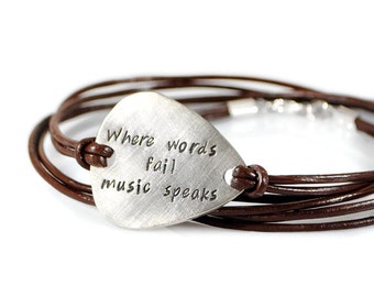 Where Words Fail Music Speaks, Personalized Guitar Pick Bracelet, Music Bracelet Men, Mens Engraved Leather Bracelet, Gifts For Men, For Him