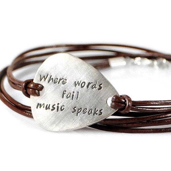 Where Words Fail Music Speaks, Personalized Guitar Pick Bracelet, Music Bracelet Men, Mens Engraved Leather Bracelet, Gifts For Men, For Him