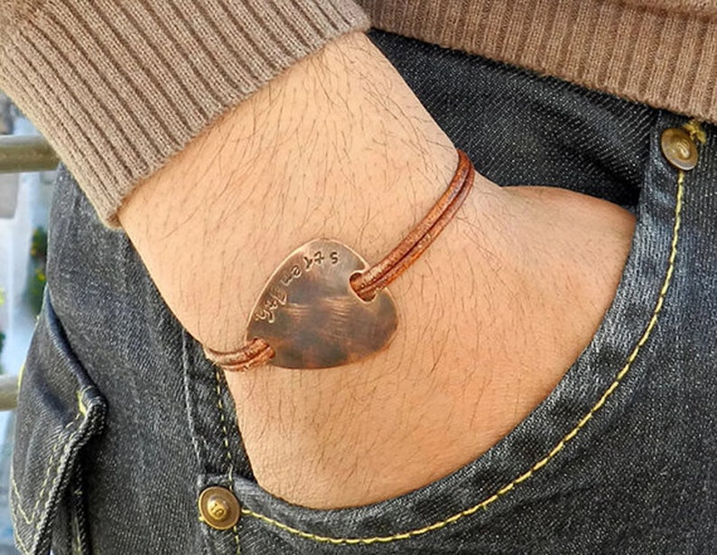 Personalized Mens Bracelet. Guitar Pick Bracelet. Custom Bracelet. Leather Bracelet. Engraved Bracelet.Copper Bracelet.Birthday Gift For Him image 4