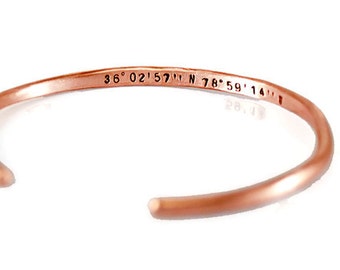 Custom Coordinates Slim Copper Cuff Bracelet. Personalized GPS Cuff Bracelet. Latitude Longitude Bracelet. Rose Gold Bangle. Made By DuoStef