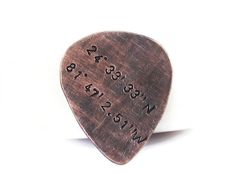 Custom Coordinates Guitar Pick, Mens Personalized Copper Guitar Pick, Latitude Longitude, Anniversary Gift for Husband, For Boyfriend, Dad