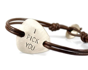 I Pick You Guitar Pick Bracelet, Personalized Mens Bracelet, Custom Leather Bracelet, Wedding Gift, Groom Gift, Anniversary Gift for Husband