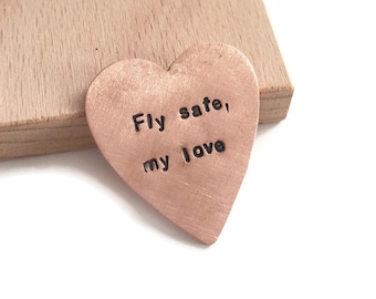 Fly Safe My Love, Personalized Travel Charm, Business Trip Gift, Good Luck Charm, Husband Pocket Token, Pilot Gift, Custom Pocket Heart, Men