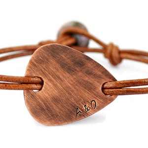 Personalized Mens Bracelet. Guitar Pick Bracelet. Custom Bracelet. Leather Bracelet. Engraved Bracelet.Copper Bracelet.Birthday Gift For Him image 1